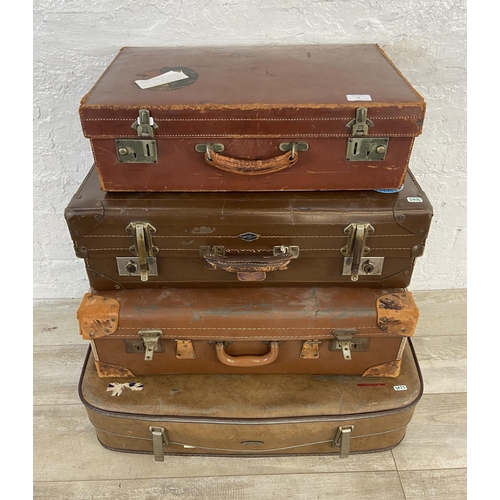 15 - Five early/mid 20th century travel trunks and suitcases to include brown metal, Superslat etc.