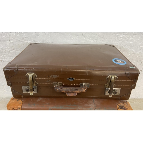 15 - Five early/mid 20th century travel trunks and suitcases to include brown metal, Superslat etc.