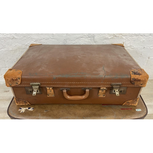 15 - Five early/mid 20th century travel trunks and suitcases to include brown metal, Superslat etc.