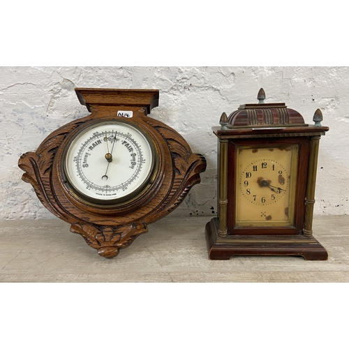 20 - Two items, one late 19th/early 20th century carved oak cased wall hanging barometer - approx. 27cm h... 