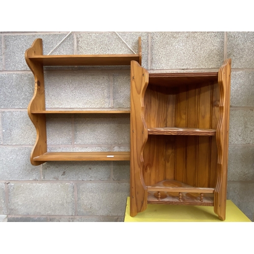 28 - Two pieces of pine wall hanging furniture, one three tier shelving unit and one corner two tier shel... 