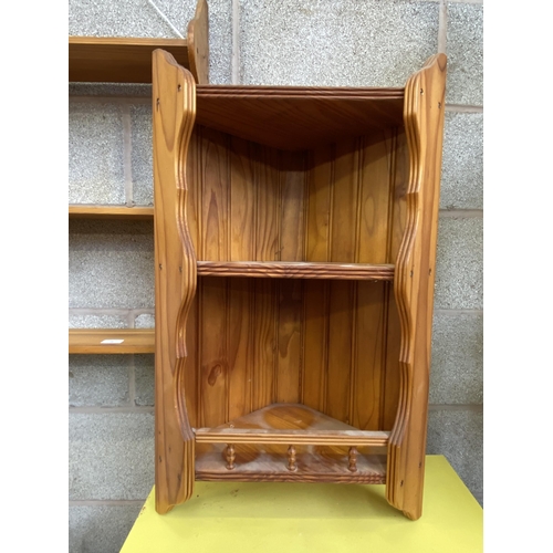 28 - Two pieces of pine wall hanging furniture, one three tier shelving unit and one corner two tier shel... 