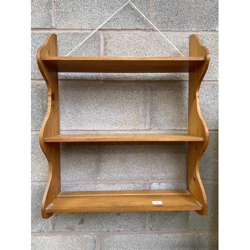 28 - Two pieces of pine wall hanging furniture, one three tier shelving unit and one corner two tier shel... 