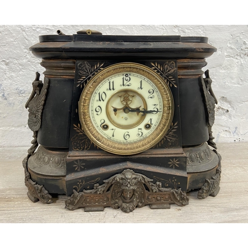 3 - A late 19th/early 20th century The Ansonia Clock Co. of New York USA black painted cast metal chimin... 