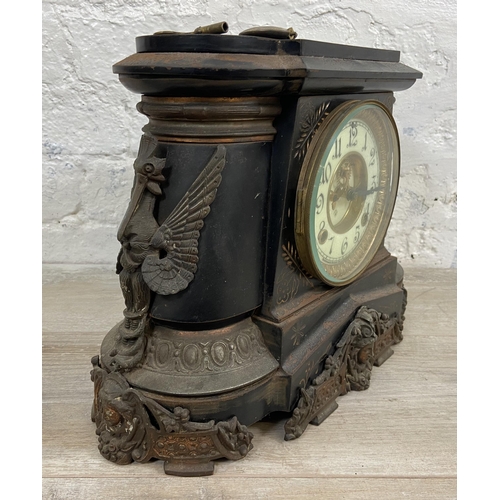 3 - A late 19th/early 20th century The Ansonia Clock Co. of New York USA black painted cast metal chimin... 