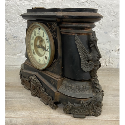 3 - A late 19th/early 20th century The Ansonia Clock Co. of New York USA black painted cast metal chimin... 