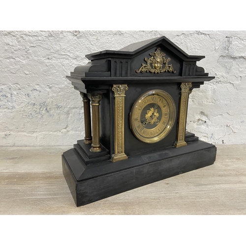 3A - A Victorian black slate chiming mantel clock with brass decoration, Corinthian columns and key - app... 