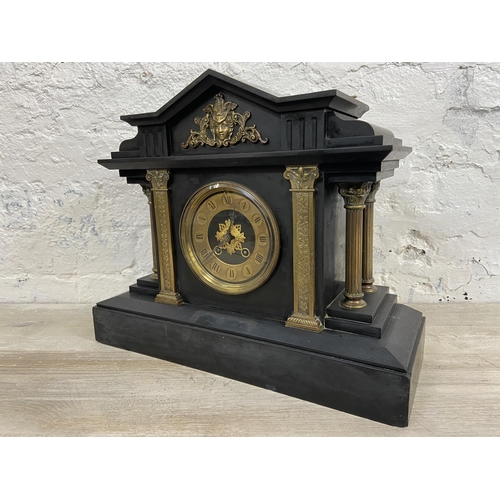 3A - A Victorian black slate chiming mantel clock with brass decoration, Corinthian columns and key - app... 