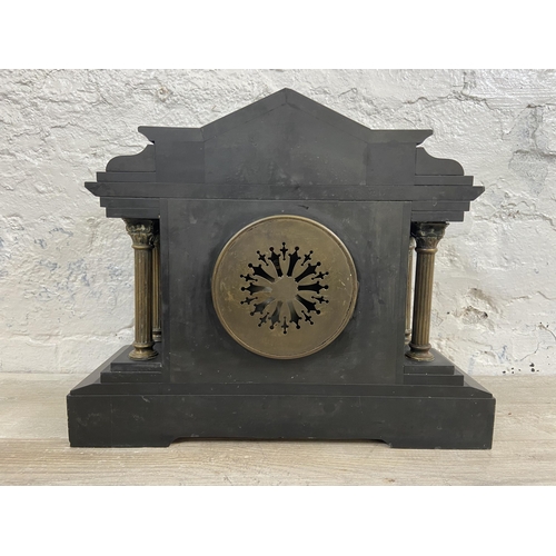 3A - A Victorian black slate chiming mantel clock with brass decoration, Corinthian columns and key - app... 