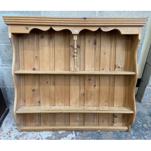 40A - A Victorian style pine wall hanging two tier plate rack - approx. 98cm high x 108cm wide x 17cm deep