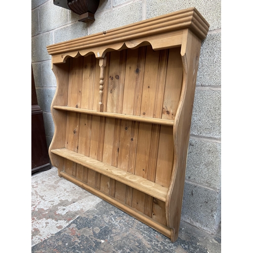 40A - A Victorian style pine wall hanging two tier plate rack - approx. 98cm high x 108cm wide x 17cm deep