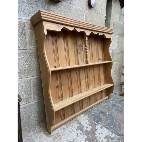 40A - A Victorian style pine wall hanging two tier plate rack - approx. 98cm high x 108cm wide x 17cm deep