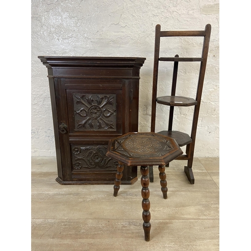 63B - Three pieces of late 19th/early 20th century furniture, one carved oak bobbin turned octagonal side ... 