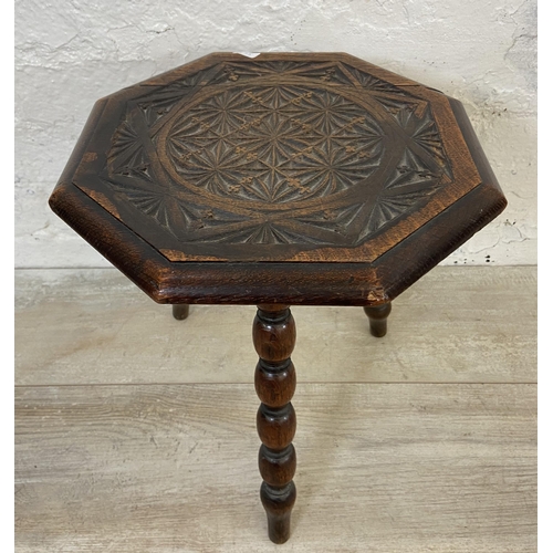 63B - Three pieces of late 19th/early 20th century furniture, one carved oak bobbin turned octagonal side ... 