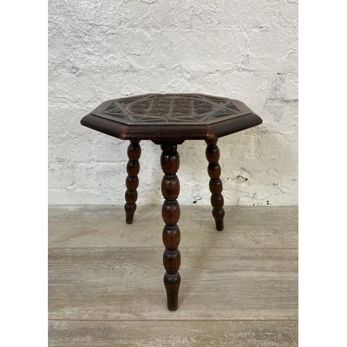 63B - Three pieces of late 19th/early 20th century furniture, one carved oak bobbin turned octagonal side ... 