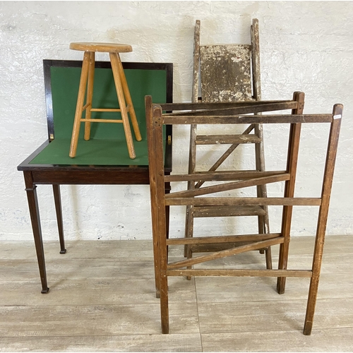 102 - Four items, one vintage pine folding step ladder, one early 20th century pine folding towel rail, on... 