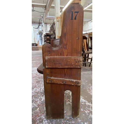 127 - A Victorian pitch pine church pew - approx. 92cm high x 185cm wide x 38cm deep