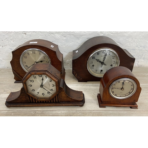 140 - Four early/mid 20th century mantel clocks to include Garrard oak cased, Bravingtons Renown oak cased... 