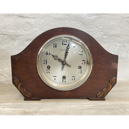 140 - Four early/mid 20th century mantel clocks to include Garrard oak cased, Bravingtons Renown oak cased... 