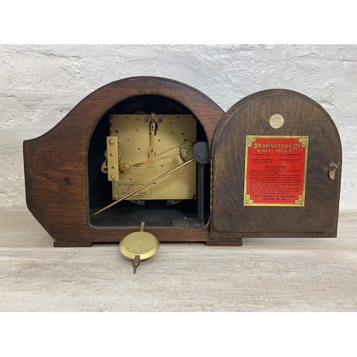 140 - Four early/mid 20th century mantel clocks to include Garrard oak cased, Bravingtons Renown oak cased... 