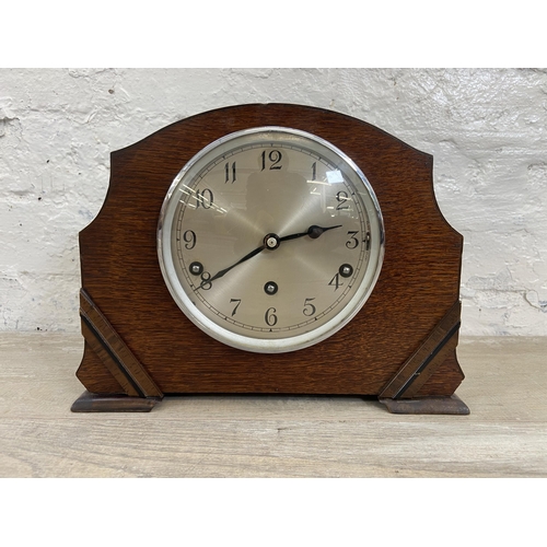 140 - Four early/mid 20th century mantel clocks to include Garrard oak cased, Bravingtons Renown oak cased... 