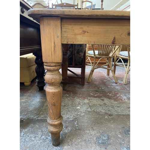 141 - A Victorian pine farmhouse kitchen table with single drawer - approx. 74cm high x 105cm wide x 228cm... 