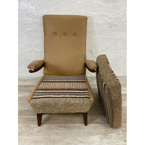 143 - A mid 20th century Greaves & Thomas teak, tan vinyl and brown fabric upholstered armchair - approx. ... 