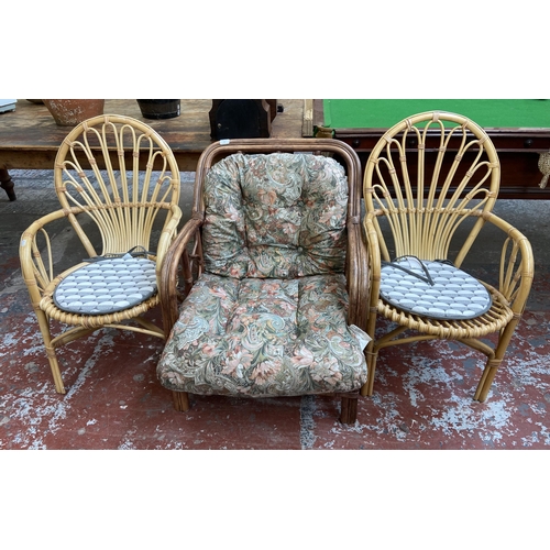 145 - Three wicker and cane armchairs