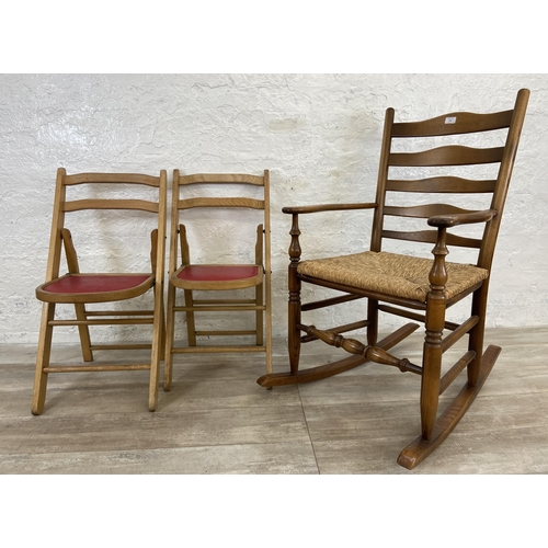 148 - Three chairs, two mid 20th century elm and beech folding with red vinyl seats and one 19th century s... 