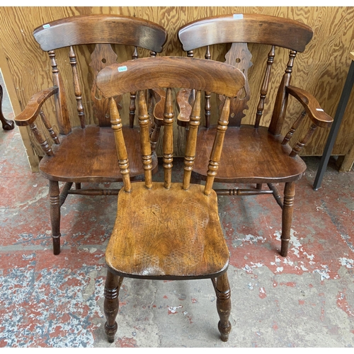 151 - Three chairs, two Victorian style oak farmhouse carver dining chairs and one Victorian elm and beech... 