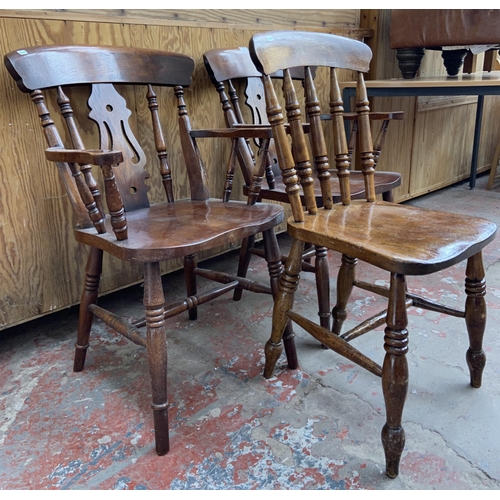 151 - Three chairs, two Victorian style oak farmhouse carver dining chairs and one Victorian elm and beech... 