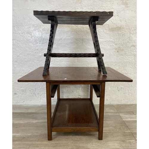 156 - Two side tables, one early/mid 20th century oak drop leaf and one adzed hardwood - largest approx. 5... 