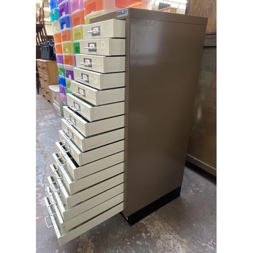 158 - A Bisley brown and cream metal fifteen drawer office filing cabinet - approx. 94cm high x x28cm wide... 