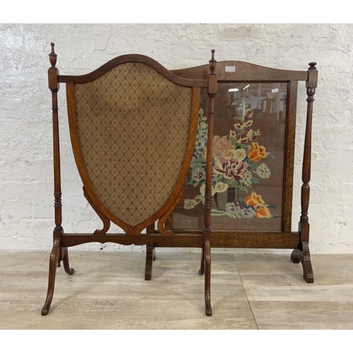 171 - Two early 20th century fire screens, one mahogany and fabric shield shaped and one oak and tapestry ... 