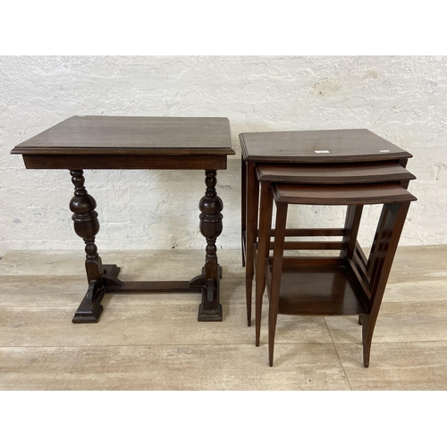 177 - Two pieces of occasional furniture, one 1930s oak side table on baluster supports and one Edwardian ... 