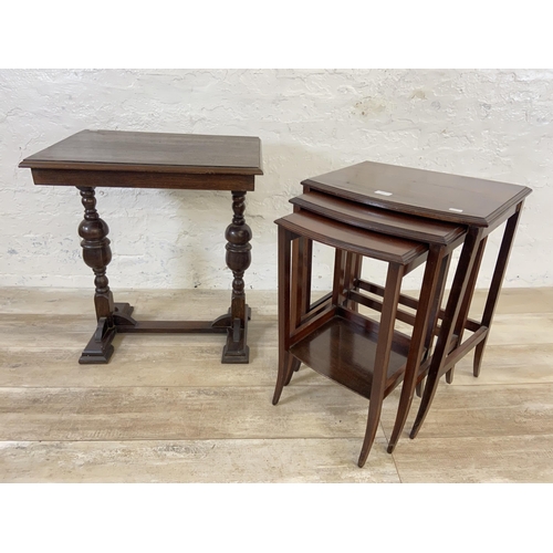 177 - Two pieces of occasional furniture, one 1930s oak side table on baluster supports and one Edwardian ... 