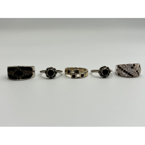 2219 - Five .925 silver dress rings to include marcasite and onyx etc. - approx. gross weight 24g