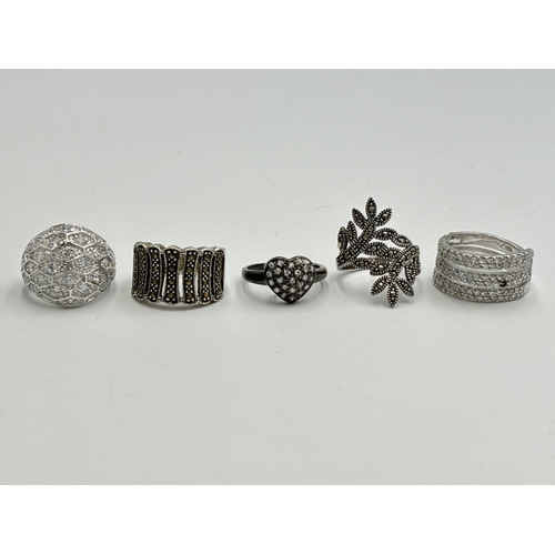 2245 - Five .925 silver dress rings, three CZ and two marcasite - approx. gross weight 30g