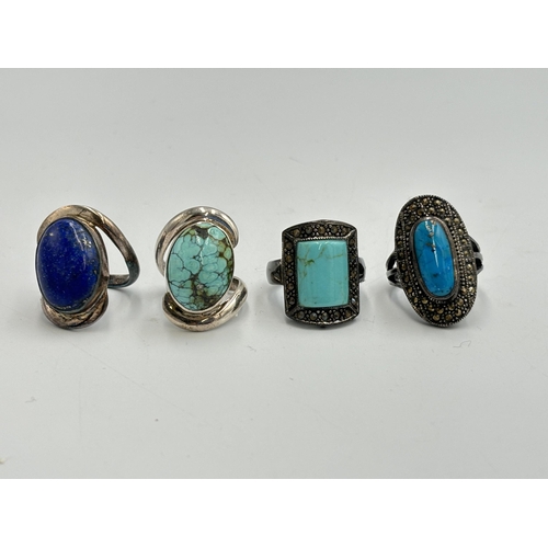 2259 - Four .925 silver gemstone set cocktail rings, three turquoise and one lapis lazuli - approx. gross w... 