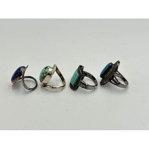 2259 - Four .925 silver gemstone set cocktail rings, three turquoise and one lapis lazuli - approx. gross w... 