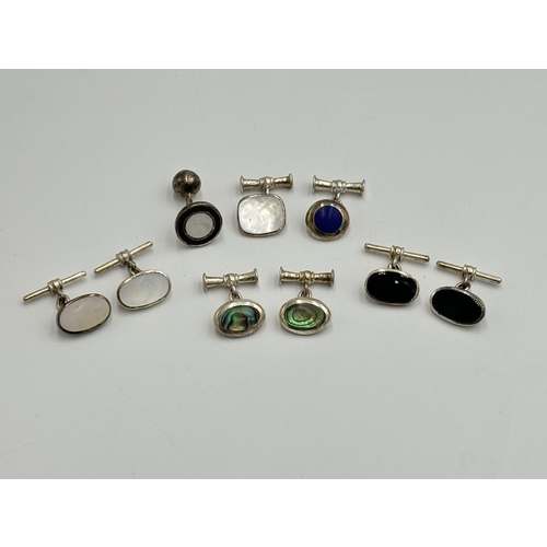 2259K - Three pairs of .925 silver gemstone set cufflinks together with three unpaired .925 silver gemstone ... 