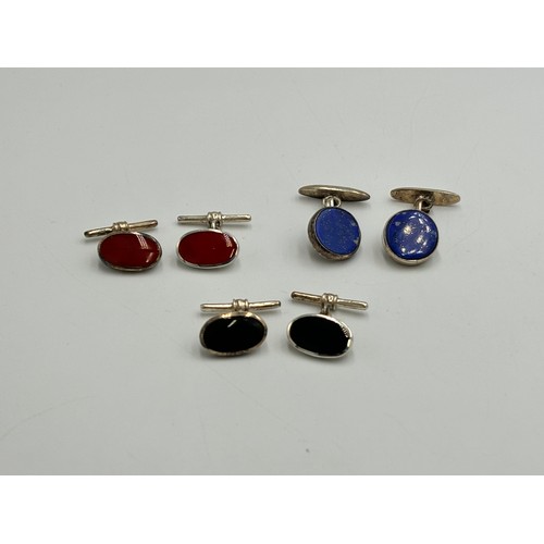 2259N - Three pairs of .925 silver gemstone set cufflinks - approx. gross weight 16.2g