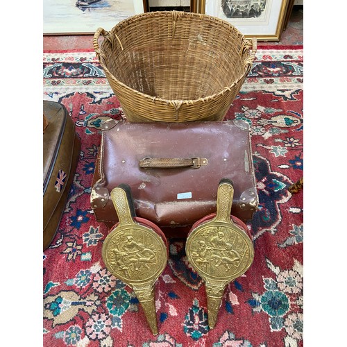 14 - Four items, two Lombard England oak and brass fire bellows, one wicker basket and one mid 20th centu... 