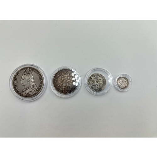 2395 - Four Victorian .925 silver coins, one 1887 crown , one 1887 half crown, one 1898 one shilling and on... 