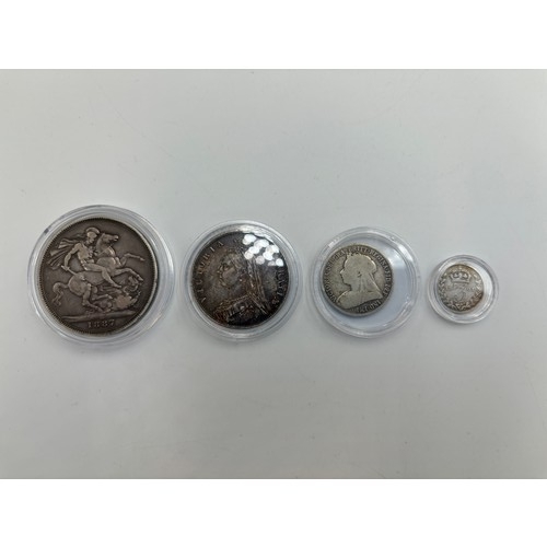 2395 - Four Victorian .925 silver coins, one 1887 crown , one 1887 half crown, one 1898 one shilling and on... 