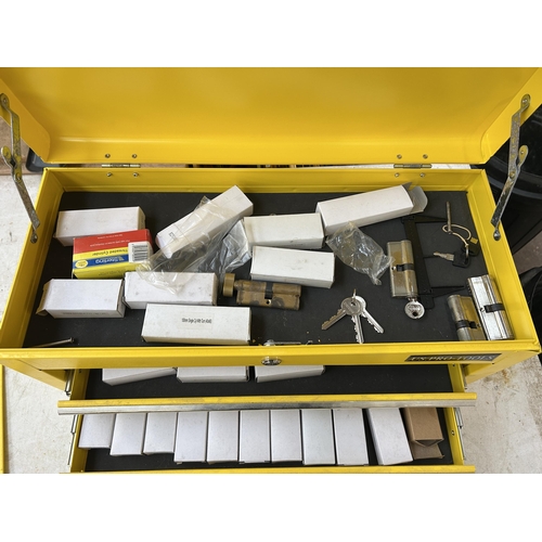 1036 - A US Pro-Tools counter top tool chest containing a collection of door locks to include Euro Tumbler,... 