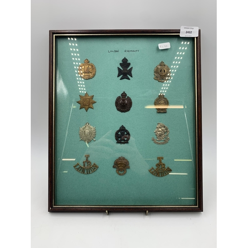 2432 - Twelve framed London Regiments military cap badges