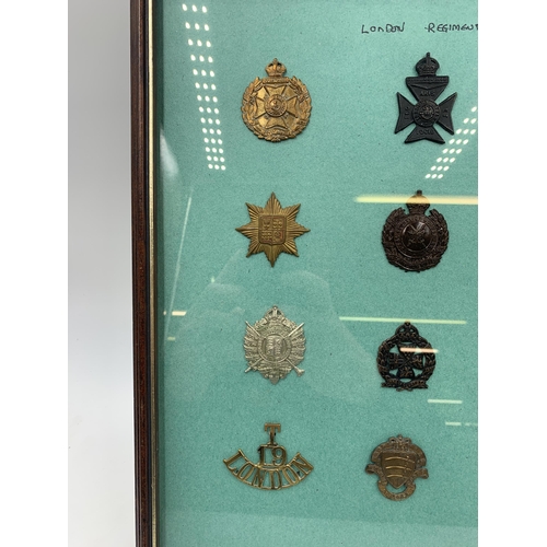 2432 - Twelve framed London Regiments military cap badges