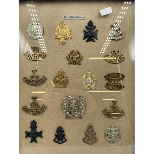 2434 - Eighteen framed London Regiments military cap badges