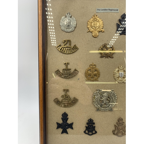 2434 - Eighteen framed London Regiments military cap badges